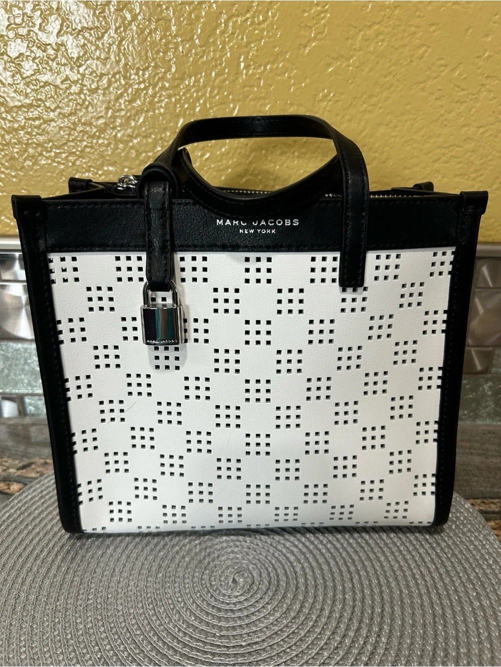 Marc Jacobs Black and White Perforated Mini Tote with Padlock